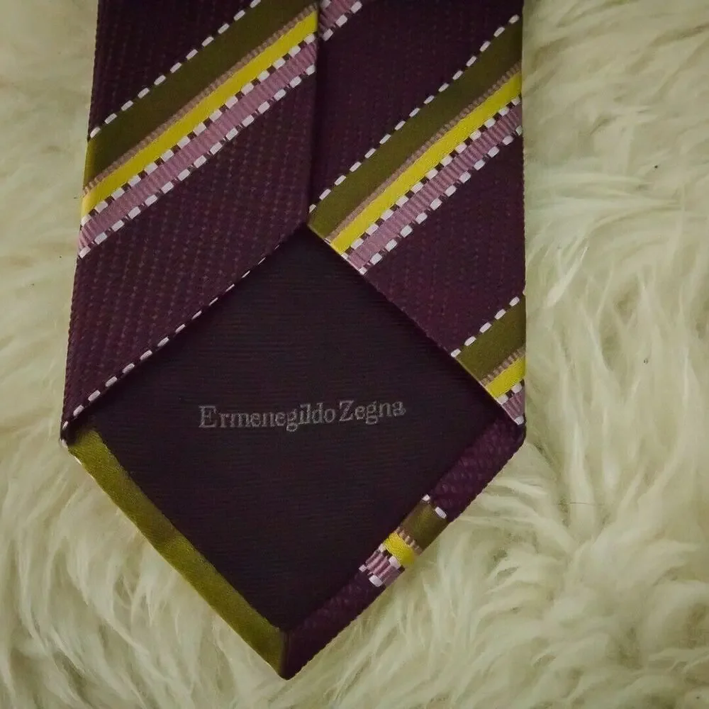 Ermenegildo Zegna Designer Silk Burgundy Green Pink Stripe Print 3.5 Inch Tie